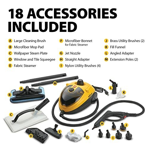 Steam cleaner with 18 included accessories.