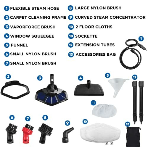 Steam cleaner accessories including hose, brushes, frame, and more.