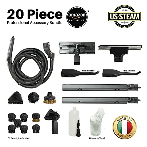 20 piece professional steam cleaner accessory bundle with hoses, brushes, nozzles, microfiber towel, and more.