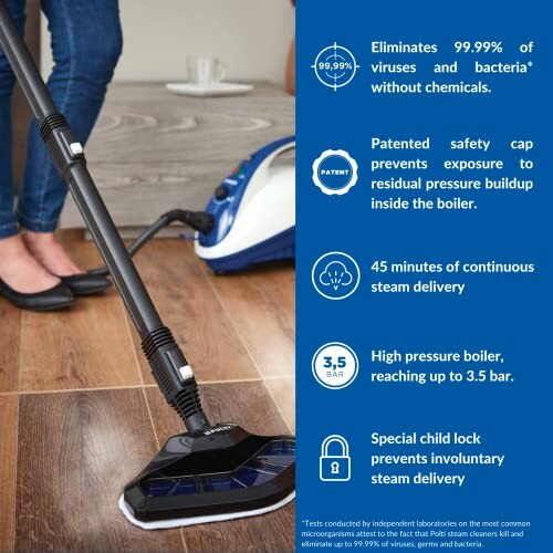 Steam cleaner on floor with features listed