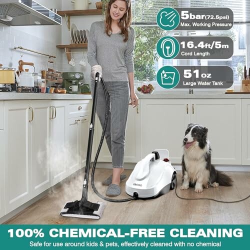 Woman using steam cleaner on kitchen floor with dog watching.