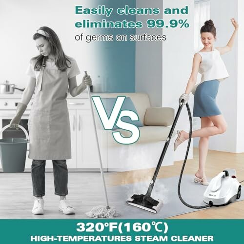 Comparison of traditional cleaning with a steam cleaner, highlighting effectiveness in eliminating germs.