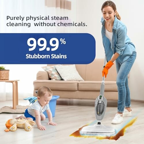 Woman using steam cleaner on floor with baby nearby.