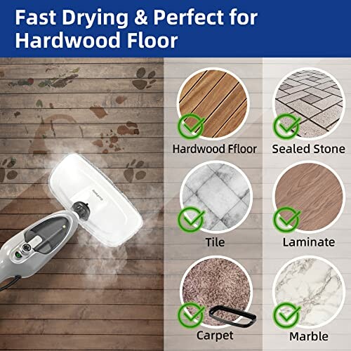 Steam mop cleaning hardwood floor with compatibility for various surfaces shown.