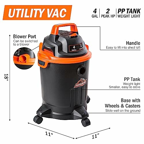 The 4-gallon durable tank is perfect for small messes and the wheel-base and top handle make it easy to transport.