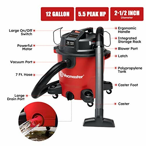 Vacmaster 12-gallon wet/dry vacuum with features labeled