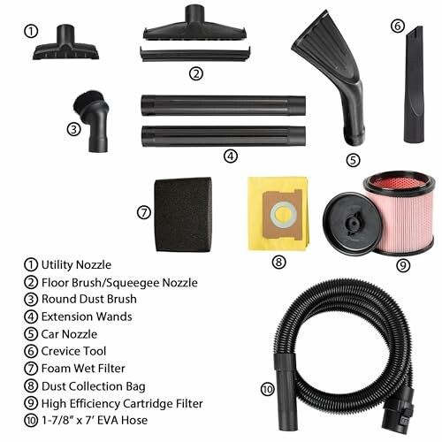 Vacuum cleaner accessories including nozzles, brushes, filters, and hose.