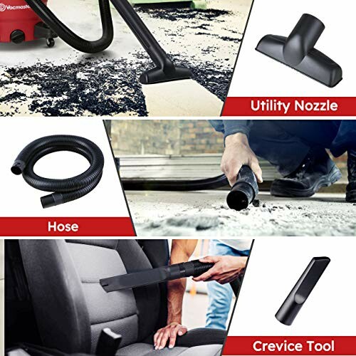 Collage of vacuum cleaner accessories including utility nozzle, hose, crevice tool, and usage demonstration