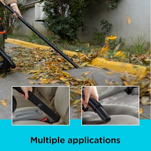 Vacuum cleaner used for leaves on pavement and car interior.