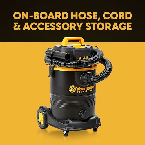 Vacuum cleaner with on-board hose, cord, and accessory storage.