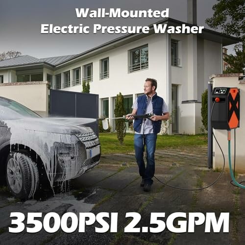 Man using a wall-mounted electric pressure washer on a car