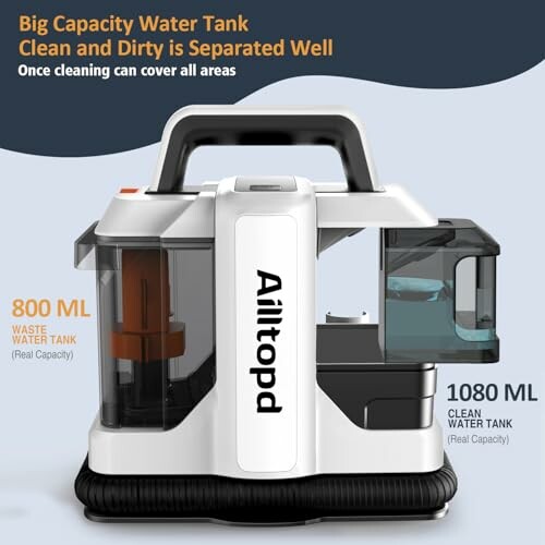 Dual compartment water tank with 800ml and 1080ml capacities.