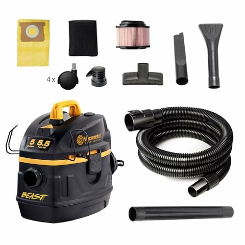 Wet-dry vacuum cleaner with accessories including hose, filter, and nozzles.