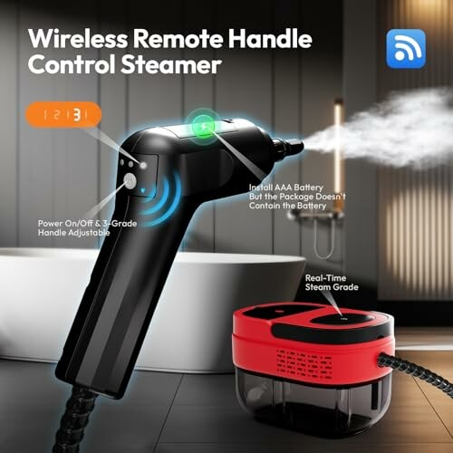 Wireless remote handle control steamer with adjustable power.