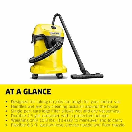 Yellow vacuum cleaner with features listed below.